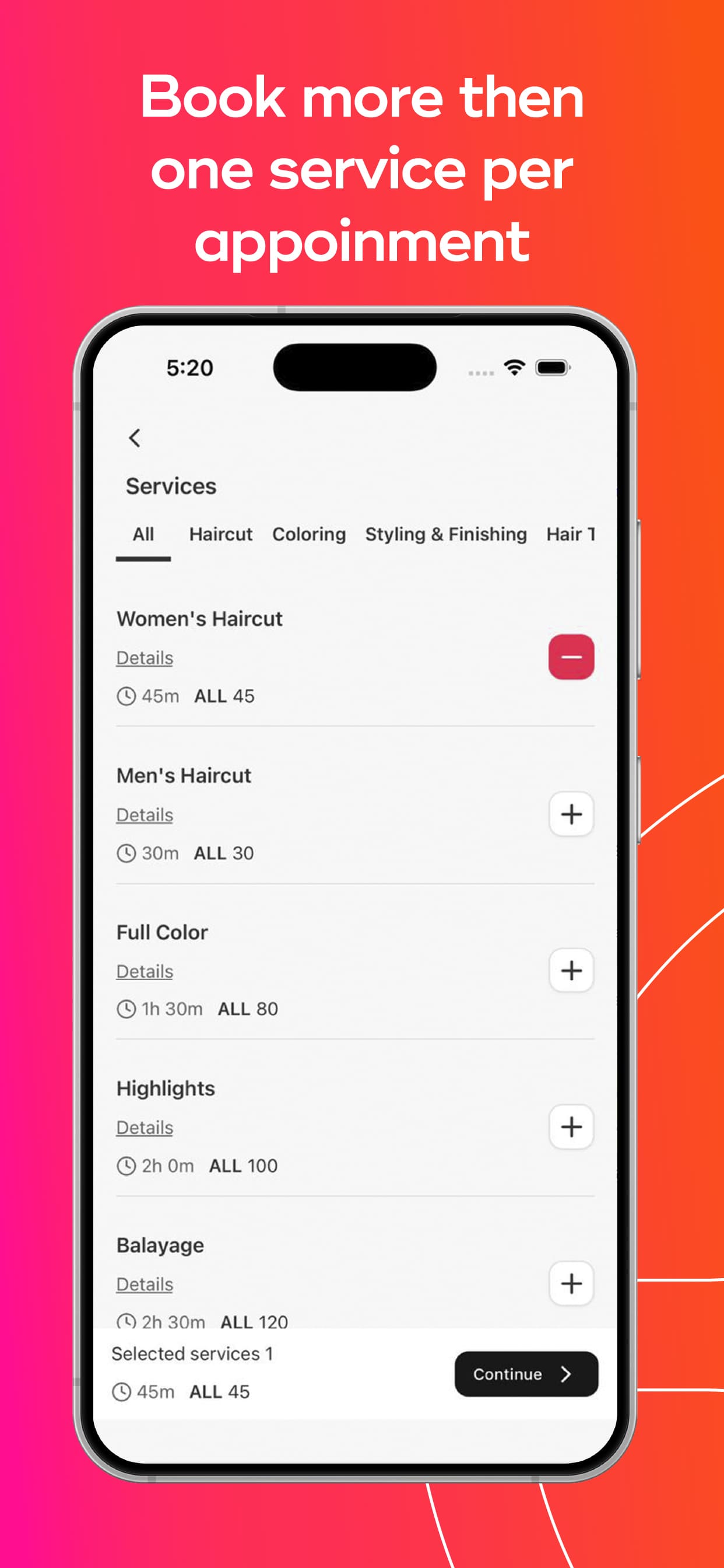 GlamUP client app: adding more than one service to a single appointment