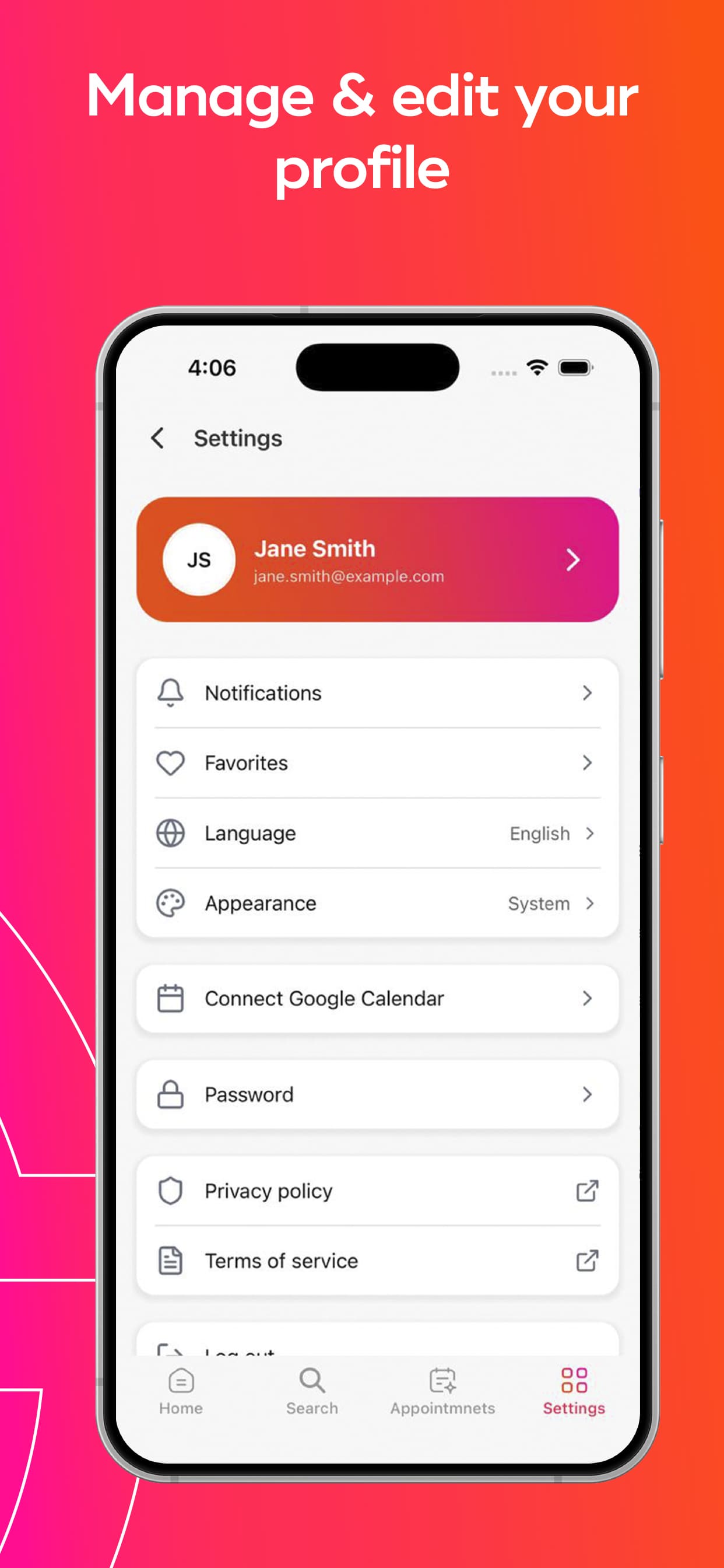 GlamUP client app: managing an appointment and profile