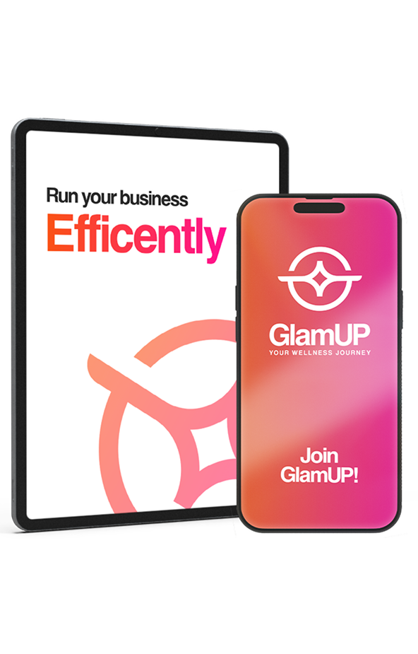 The GlamUP app showing a daily appointment calendar and an appointment detail view